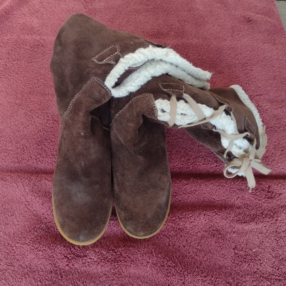 Michael Kors Brown Suede Sheepskin Lace Up Wedge Knee High Boots Size 7.5M - Picture 4 of 10